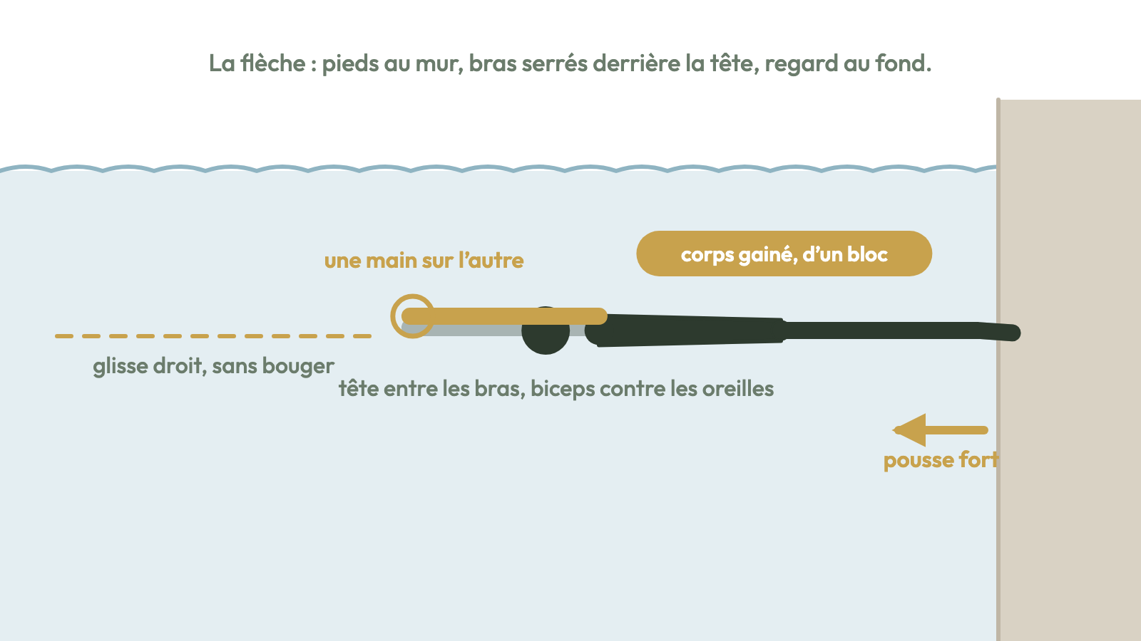La flèche : corps gainé, bras serrés derrière la tête, une main sur l'autre.